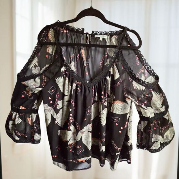 Rebecca Minkoff Blouse I Large I Cold Shoulder Shirt Top V Neck Lace Birds Black - Picture 2 of 7